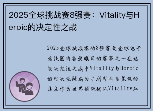2025全球挑战赛8强赛：Vitality与Heroic的决定性之战